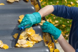 Man cleaning the roof in autumn